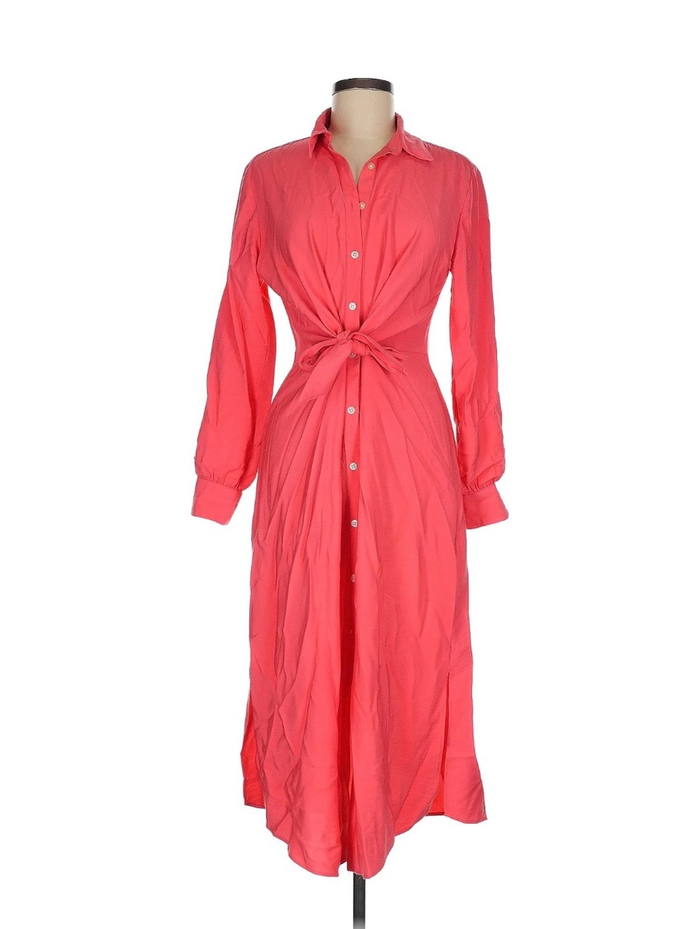 LOFT Coral Long-Sleeve Button-Front Tie-Waist Shirt Dress